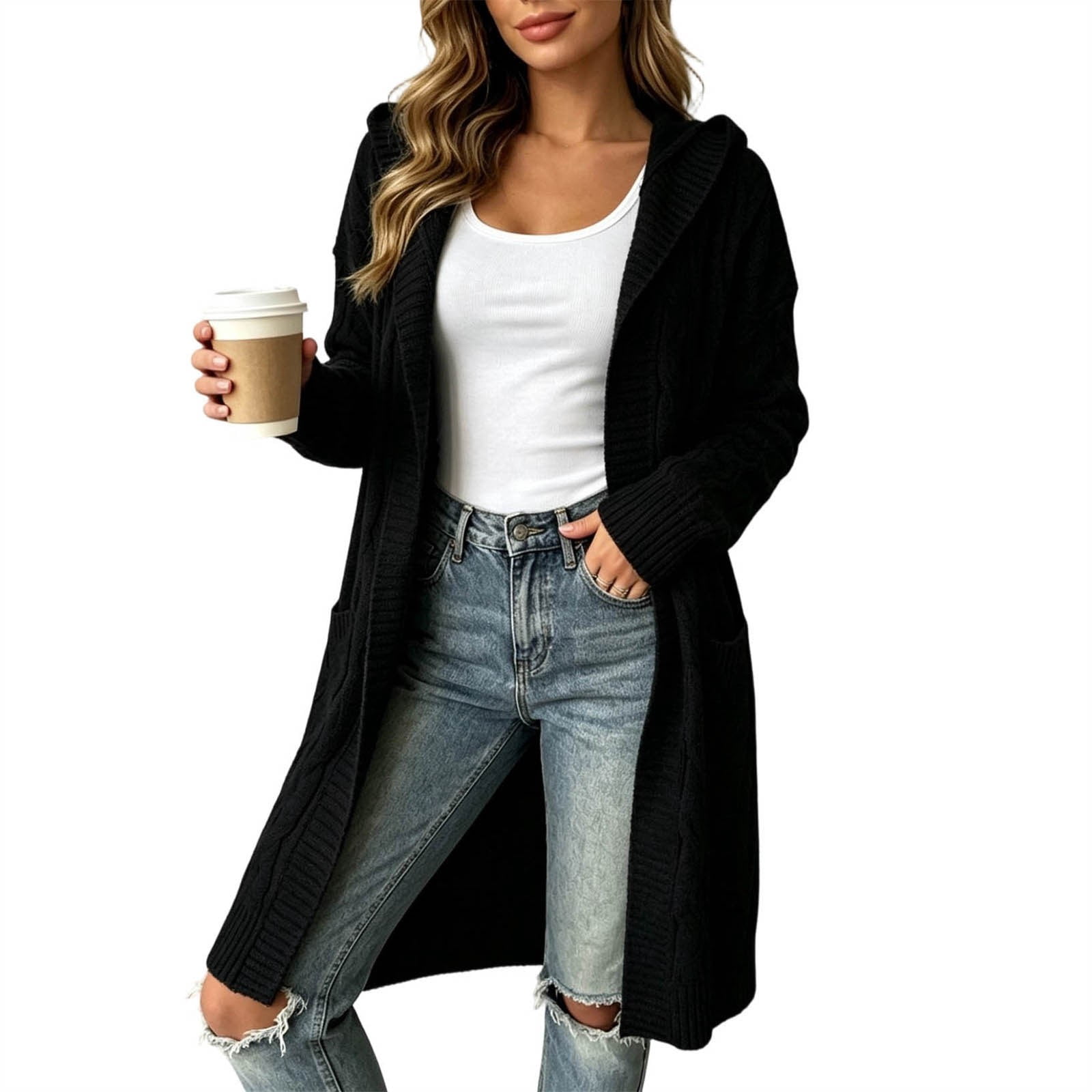 ROHUUQUE Women's Cable Knit Cardigan Mid-Length Long Sleeve Hooded ...
