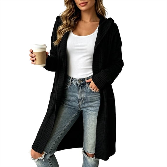 ROHUUQUE Women's Cable Knit Cardigan Mid-Length Long Sleeve Hooded ...