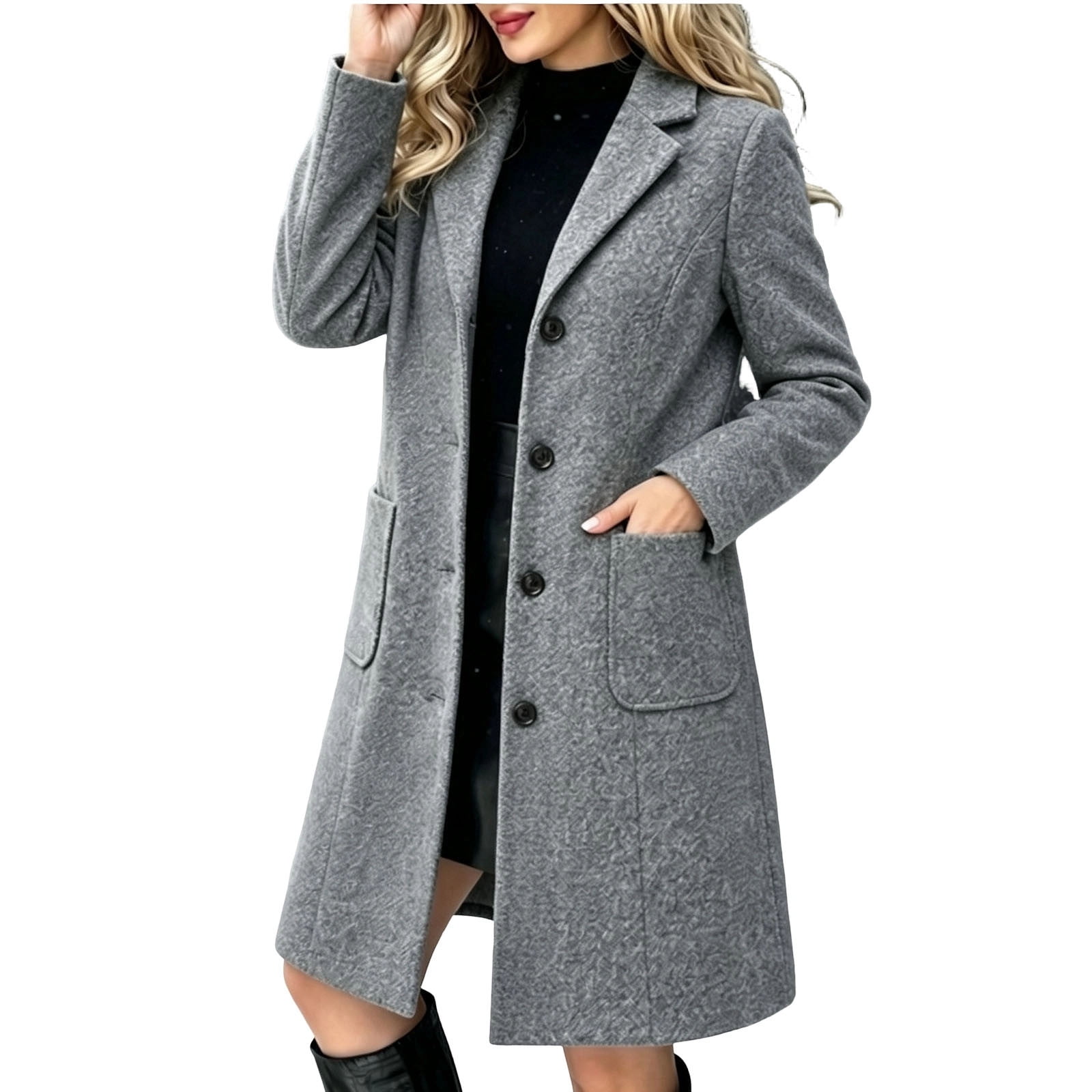 ROHUUQUE Women's Coat Mid-Length Long Sleeve Lapel Collar Pockets ...