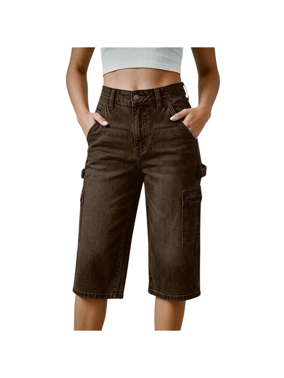 Women's Denim Carpenter Capri Cargo Jeans High Waist Loose Wide Leg Cropped Streetwear Baggy Pants with Side Patch Pockets Coffee