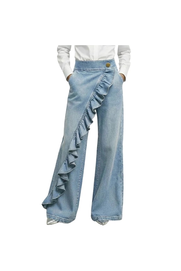 Women's Denim Pants High Waist Asymmetrical Wrap Diagonal Ruffle Frill Trim Denim Wide Leg Jeans Light Blue