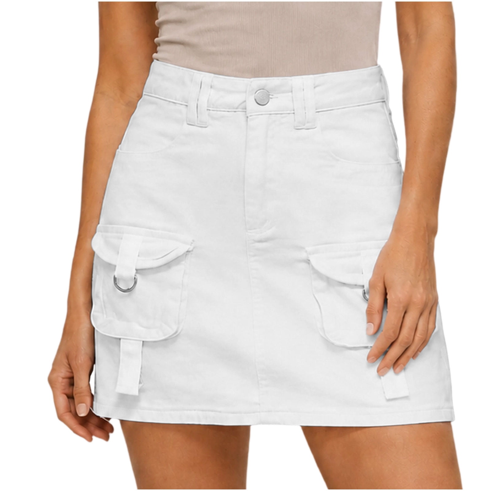 ROHUUQUE Women's Denim Skirts High Waist Back Zip Mini Cargo Pockets ...