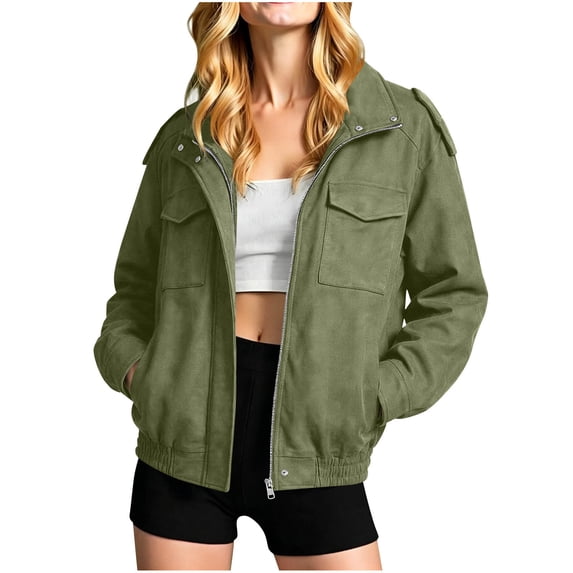 ROHUUQUE Women's Faux Suede Jacket Long Sleeve Zip Up Lapel Collar ...