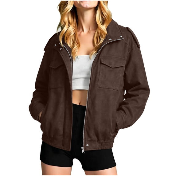 ROHUUQUE Women's Faux Suede Jacket Long Sleeve Zip Up Lapel Collar ...