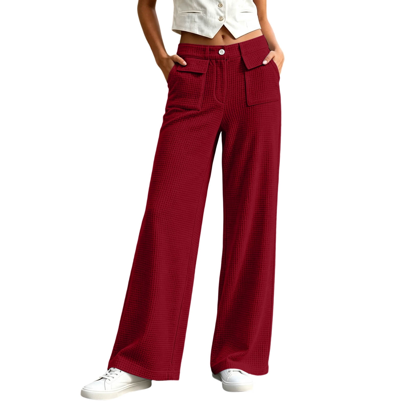 Coldd Pics ROHUUQUE Women's Waffle Knit Casual Pants Elastic Waist Wide Leg with ...