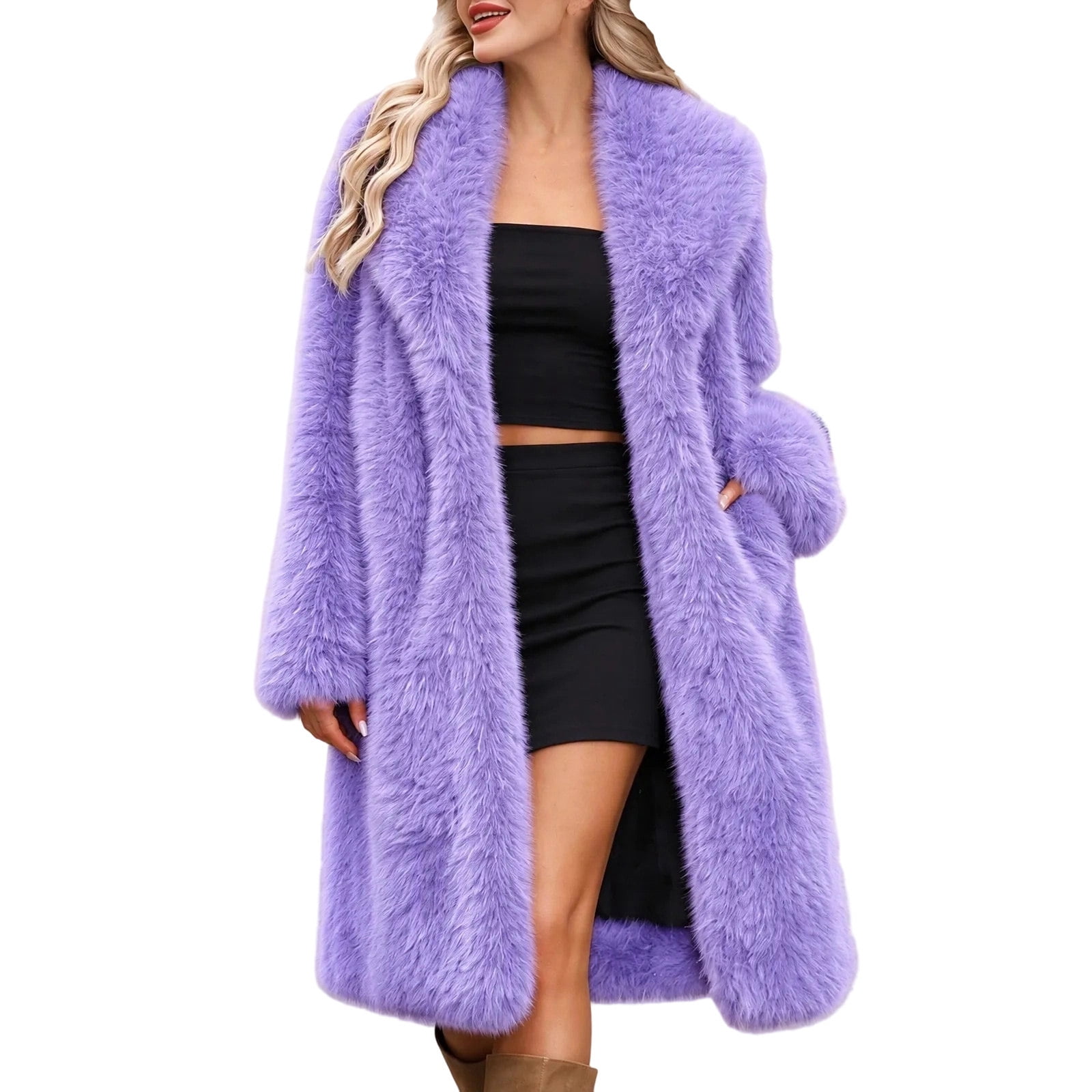 ROHUUQUE Women's Winter Faux Fur Coat Longline with Pockets Open Front ...