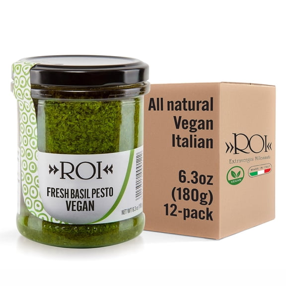 ROI Vegan Pesto Sauce, Fresh Ligurian Made with Genovese DOP Basil and EVOO, Gluten Free, Keto Friendly, Non-GMO Italian Spread - 6.3 oz (180 g) - Pack of 12
