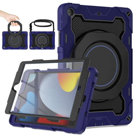 ROISKIN for iPad 10.2 Case 9th 8th 7th Generation with Screen Protector [15ft Drop Protection], 360 Rotating Kickstand Shoulder Strap Hand Grip Pencil Holder Kids Case for iPad 10.2 inch Case
