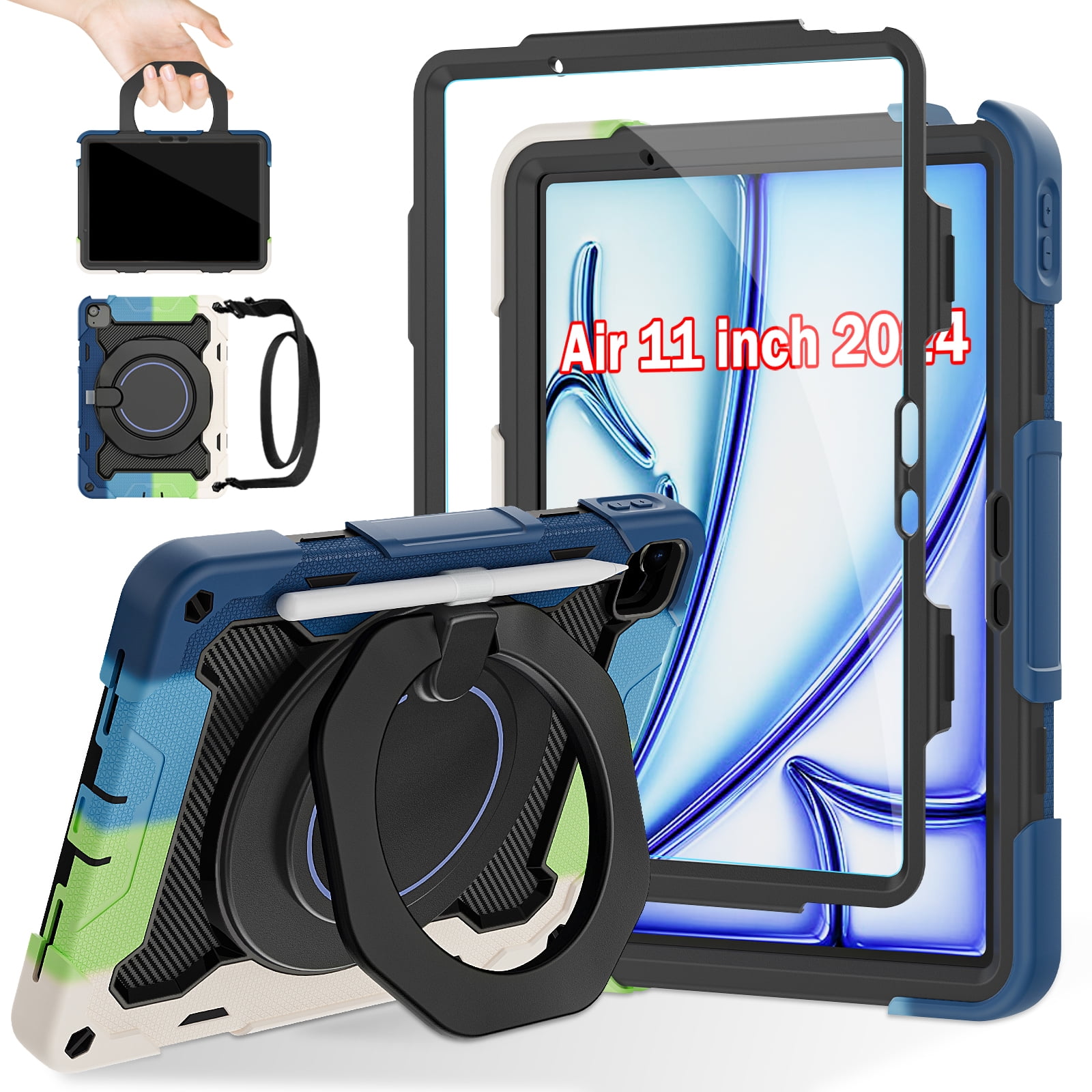 ROISKIN for iPad Air 11 inch Case (M3 2025/M2 2024)/ Air 6th Generation for Kids with HD Screen Protector, 360 Rotating Kickstand, Shoulder Strap, Pen Holder, Heavy Duty Military Case for iPad Air 11