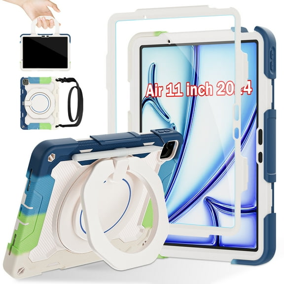 ROISKIN for iPad Air 11 inch Case M2 2024 with HD Screen Protector,Shoulder Strap,Pen Holder, Heavy Duty Military Case for iPad Air 11 / Air 6th Generation - Rotating Stand for Kids