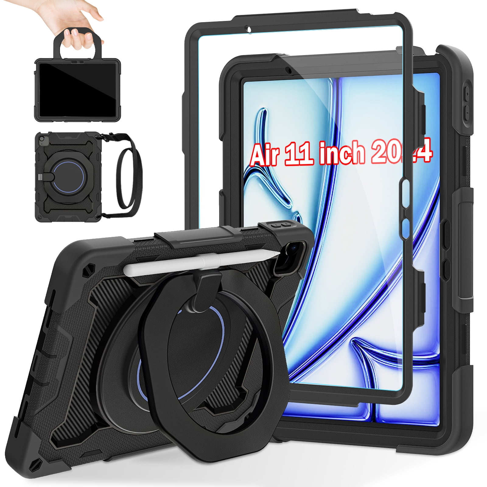 ROISKIN for iPad Air 11 inch Case (M3 2025/M2 2024)/ Air 6th Generation for Kids with HD Screen Protector, 360 Rotating Kickstand, Shoulder Strap, Pen Holder, Heavy Duty Military Case for iPad Air 11