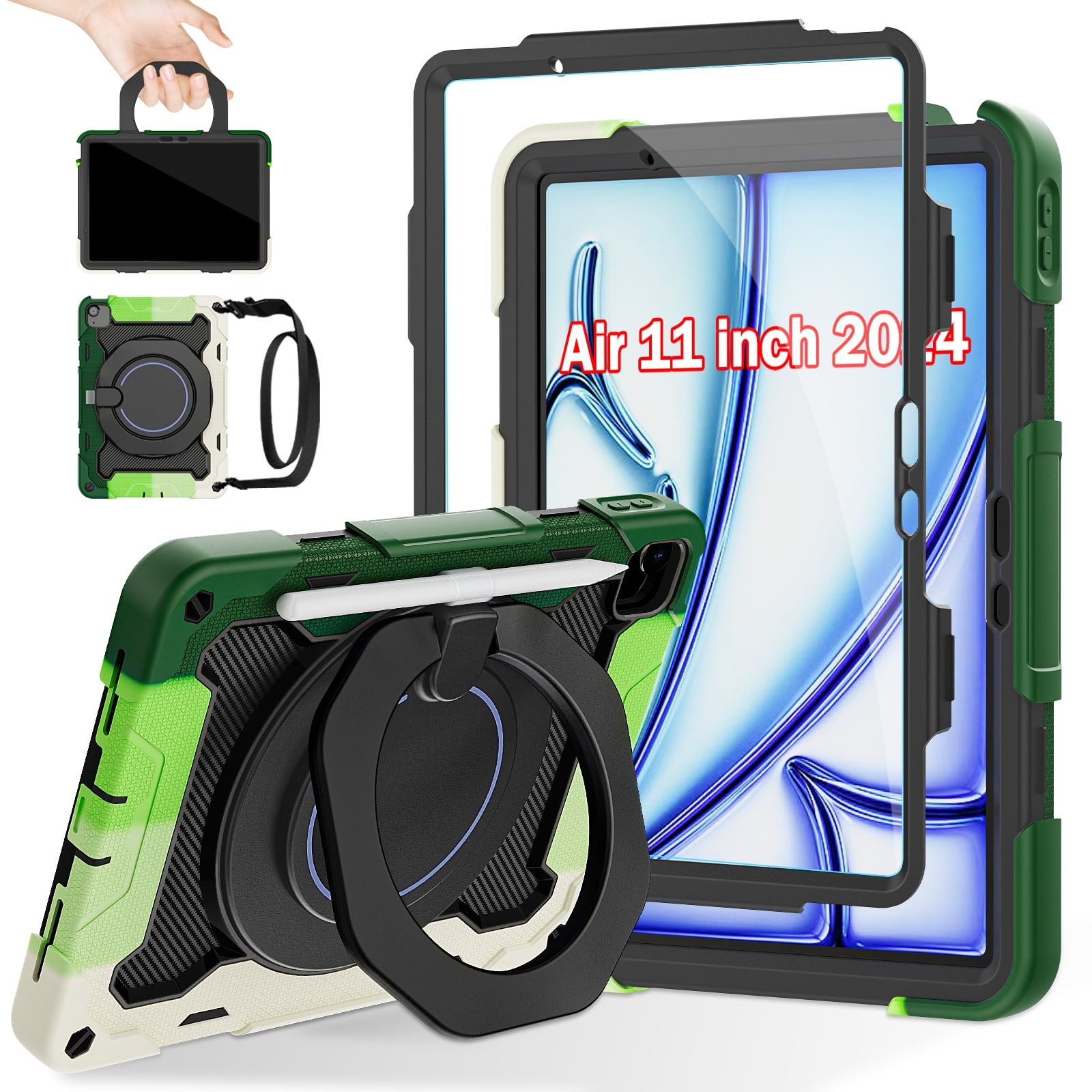 ROISKIN for iPad Air 11 inch Case (M3 2025/M2 2024)/ Air 6th Generation for Kids with HD Screen Protector, 360 Rotating Kickstand, Shoulder Strap, Pen Holder, Heavy Duty Military Case for iPad Air 11