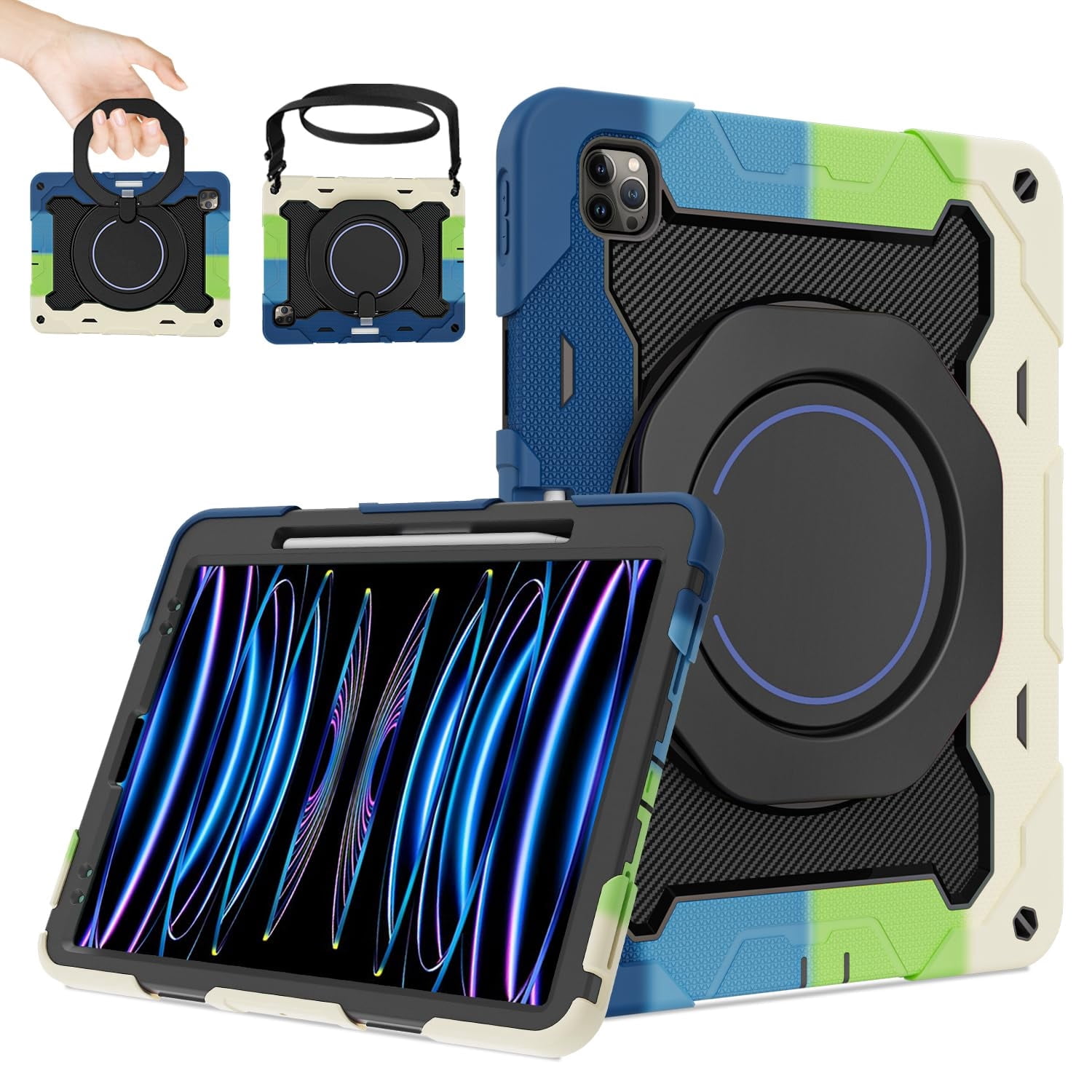 ROISKIN for iPad Pro 12.9 inch Case (6th/5th/4th/3rd generation)with Screen Protector for Kids, 360 Kickstand,Handle, Pencil Holder,Shoulder Strap Heavy Duty Rugged 12.9 iPad Case