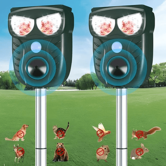 AMIAEDU Solar-Powered Animal Repeller,Ultrasonic Repellent Device with LED Light & Motion Detection,Rodents Repellent for Mole,Cats,Deer,Skunks,dogs