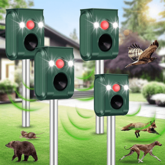 AMIAEDU 2026 Upgraded Solar Animal Repellent,Mole Repellent Solar Powered Stakes ,Ultrasonic pest Repeller with Motion Detection for Dog, Raccoon, Skunk, Rabbit, Rodent-4 Pack