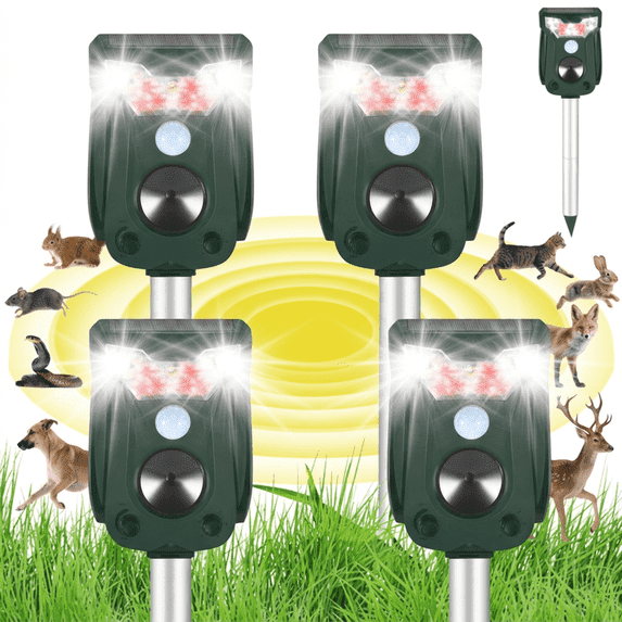 AMIAEDU 4 Pack Outdoor Solar Ultrasonic Animal Repeller- Motion Activated Pest Deterrent Device Repellent with LED for Mole,Gopher,Cats,Dogs,Raccoons,Deer,Skunks,Rodents