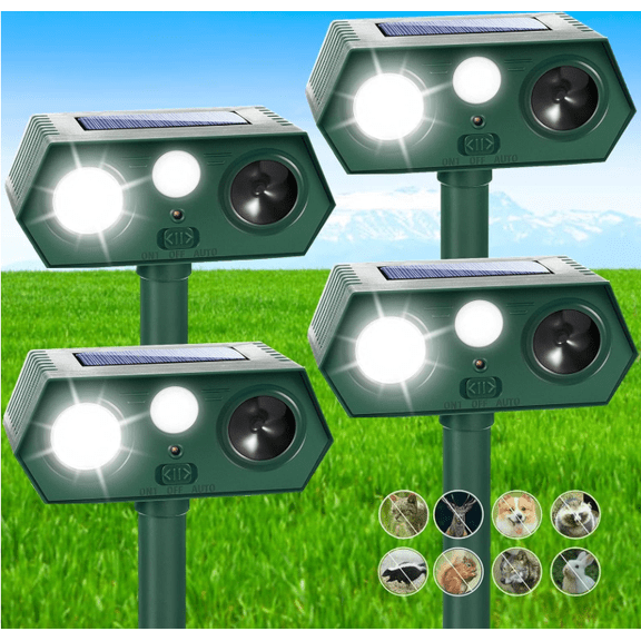 ROJAX 4PCS Solar Ultrasonic Outdoor Repeller, Waterproof Motion Activated Yard Garden Wildlife Control Device with Flash Light