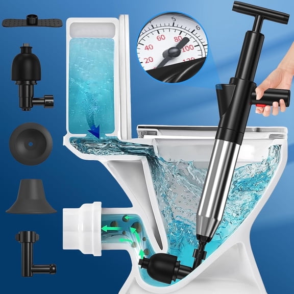 ROJAX High-Pressure Air Drain Blaster with Gauge, Toilet & Sink Plunger for Clogged Drains, Powerful Plumbing Tool for Bathroom, Kitchen & Floor Drains (Black)