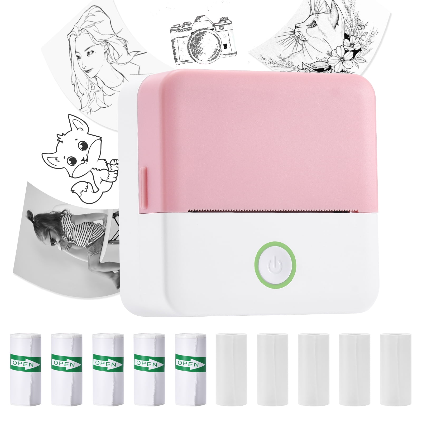 ROJAX Print Pods Mini Thermal Printer, Inkless Portable Sticker Maker with 10 Rolls Paper, Bluetooth Pocket Printer for Phone, Notes, Journal & DIY, Compatible with iOS & Android (Pink)