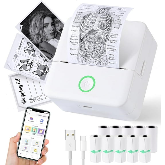 ROJAX Sticker Printer - Mini Printer Print Pods Portable Thermal Inkless Sticker Maker Machine Bluetooth Pocket Impresora Porttil Instant Print for Note, Journal, DIY, Gift (White)