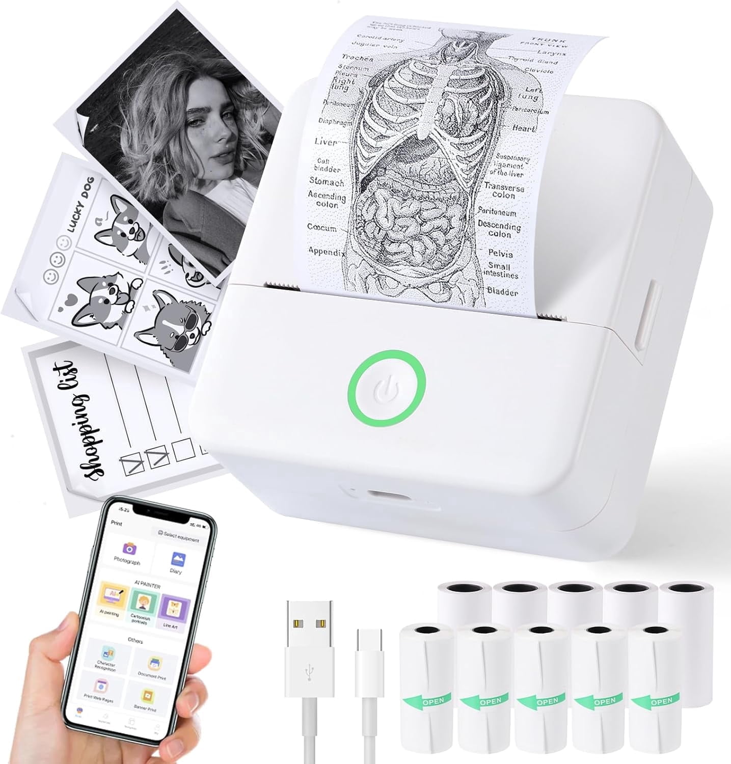 ROJAX Sticker Printer - Mini Printer Print Pods Portable Thermal Inkless Sticker Maker Machine Bluetooth Pocket Impresora Portátil Instant Print for Note, Journal, DIY, Gift (White)
