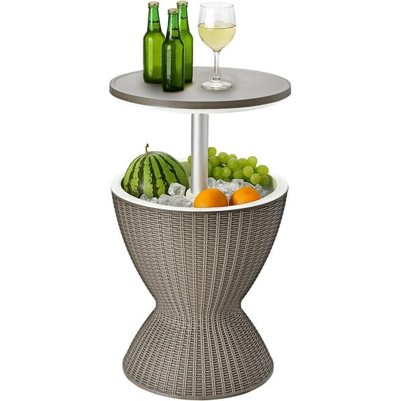 ROJIK 3-in-1 Resin Ice Bucket & Beverage Cooler – Wood Look Patio Table, UV Protection & Drain Plug for Outdoor Parties, Bars, and Poolside Use