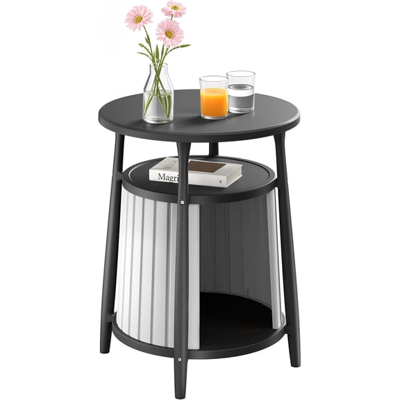 ROJIK End Table with Storage, Round Side Table for Indoor Outdoor Use, All-Weather Resin Accent Table for Small Spaces, Bathroom, Living Room, Bedside Table (Black)