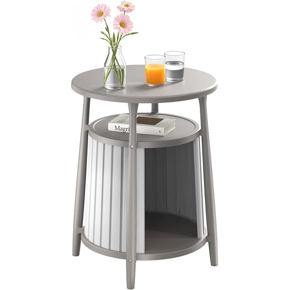 ROJIK End Table with Storage, Round Side Table for Indoor Outdoor Use, All-Weather Resin Accent Table for Small Spaces, Bathroom, Living Room, Bedside Table (Grey)