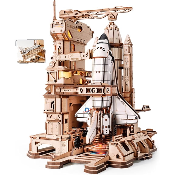 ROKR 3D Puzzles for Adults Space Shuttle, Interactive DIY Building Model with Lighting, Airplane Wooden Puzzles