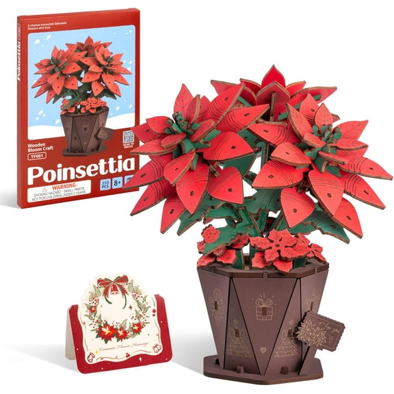 ROKR 3D Wooden Poinsettia Puzzle, with Flower Pot Base, Adjustable Stem, Christmas Home Desk Decor, DIY Craft Kit for Adults