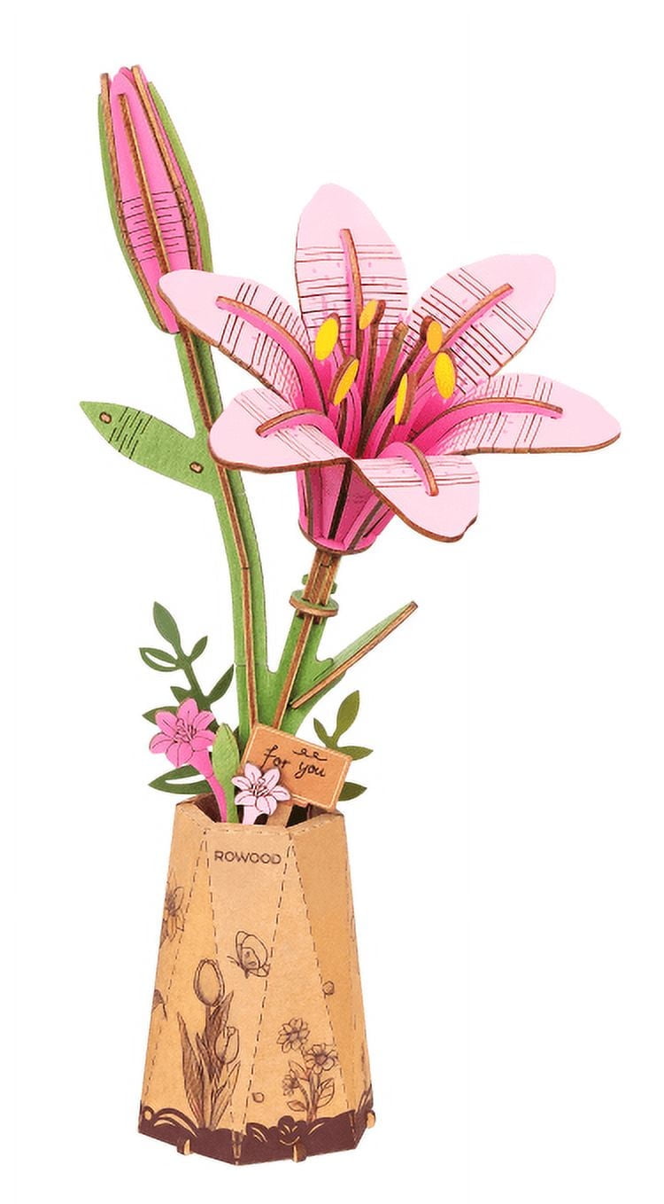 ROKR 3D Wooden Puzzle Pink Lily DIY Model Building Kits Artifical Flower Toys for Girls Adults for Thanksgiving & Mother's Day & Valentine's Day & Birthday Gifts