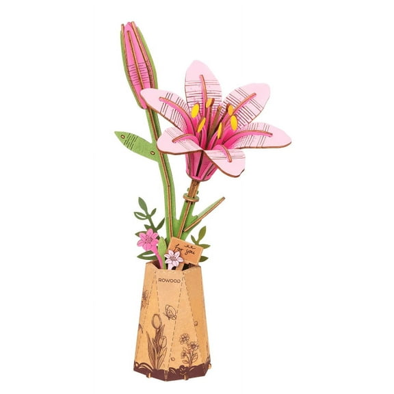 ROKR 3D Wooden Puzzle Pink Lily DIY Model Building Kits Artifical Flower Toys for Girls Adults for Thanksgiving & Mother's Day & Valentine's Day & Birthday Gifts