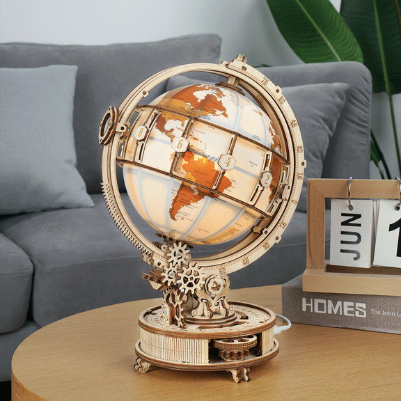 ROKR 6" World Luminous Globe 180 Pieces 3D Wooden Puzzle Model-Self Assembled Tellurion Building Toys