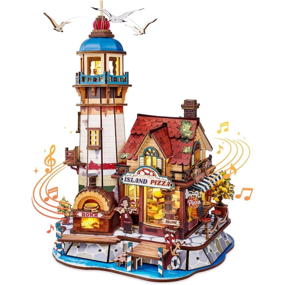 ROKR Chillbay Pizzeria DIY Music Box, Mechanical 3D Wooden Puzzle with Rotating Parts and LED Lights, Pizza Shop Model for Adults