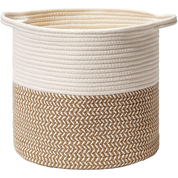 ROKR Cotton Rope Basket with Handle Laundry Clothes Hamper Woven Toy Storage Baskets for Kids Nursery Bin Blankets Basket Living Room (Beige&Brown, 13” x14” x 14”)