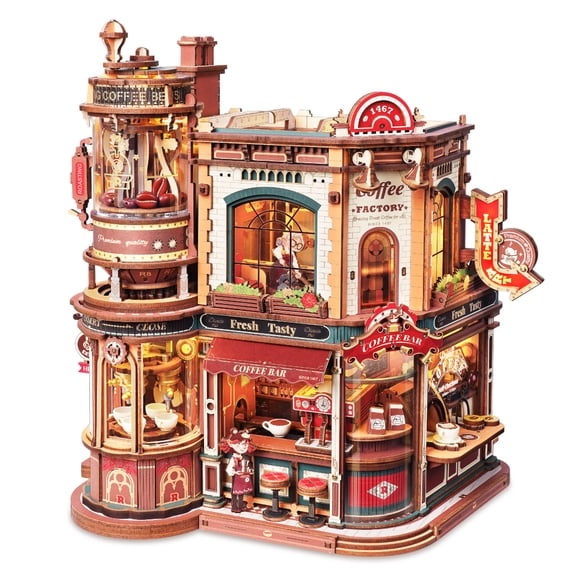 ROKR Dream Coffee Factory Music Box Wooden 3D Puzzle for Adult, LED Lights & Music Building Mechanical Model Kits Home Decor Xmas Gift