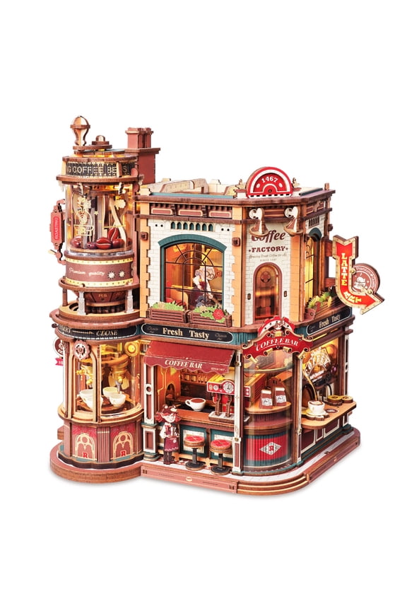 Dream Coffee Factory Music Box Wooden 3D Puzzle for Adult, LED Lights & Music Building Mechanical Model Kits Home Decor Xmas Gift