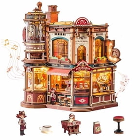 ROKR Dream Coffee Factory Music Box Wooden 3D Puzzle for Adult, LED Lights & Music Building Mechanical Model Kits Home Decor Xmas Gift