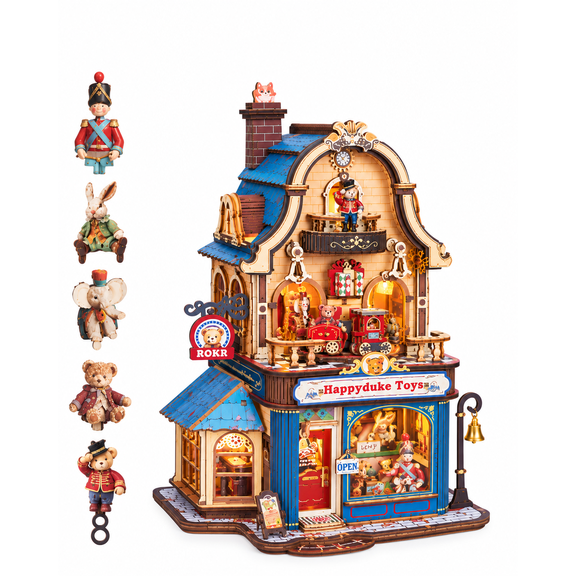 ROKR Happyduke Toys Moving Wooden 3D Puzzle Model Kit, 305-Piece Toy Shop Miniature House with Music Box, Warm LED Light for Adults and Teens