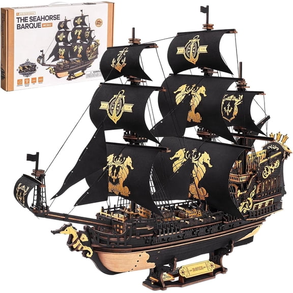 Rokr The Seahorse Barque 3D Wooden Puzzles for Adults, Black Sailboat Model Kits, Pirate Ship Building (603 Pcs)