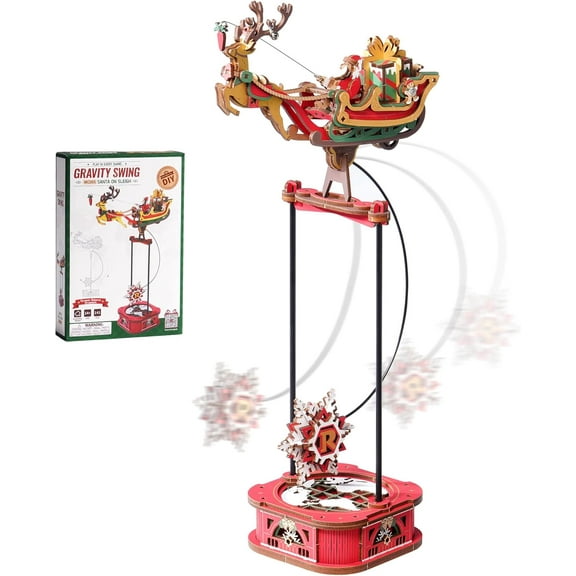 ROKR Reindeer Swing Xmas DIY Toy 3D Puzzle Wooden Model Building Kits Toys for Adult Gifts,Red & Green