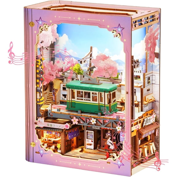 ROKR Strolling in the Sunshine DIY Book Nook, 3D Wooden Puzzle with Moving Tram and Rotating Scene, LED Lights and Sound for Adults