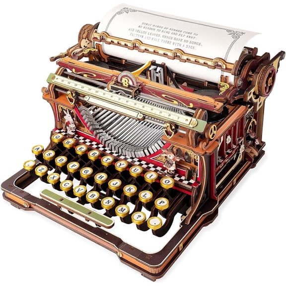 ROKR Vintage Typewriter 3D Wooden Puzzle for Adults, Mechanical Model Kit with Moving Keys & Paper Roller, 12-Hour DIY Building Set, Retro Desk Decor, Unique Gift for Men Writers