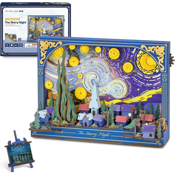 ROKR Wooden Puzzle Building Set for Adult with Lights The Starry Night , Art & Craft Kit, Wall Painting Frame Room Decor, Xmas Gift