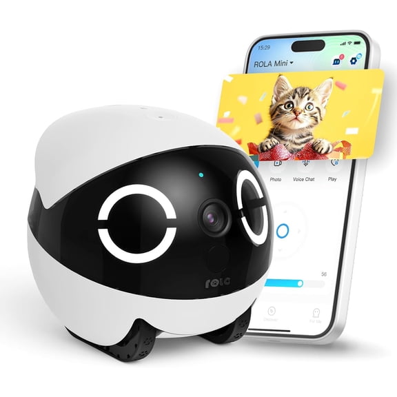 ROLA Mini FamilyBot 2K Pet Camera Robot: Movable Indoor Camera Battery-Powered with Phone App, One-Touch Call, 2-Way Talk, Night Vision, Motion Detection, Video Recording