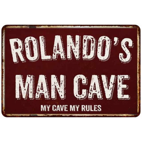 ROLANDO'S Man Cave Red Grunge Sign Metal 8x12 Decor 108120003434