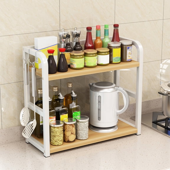 ROLKFUK 2 Tier Kitchen Counter Organizer, Metal Spice Rack Heavy Duty Farmhouse Shelf for Cans Jars Coffee Pods, Non Slip Storage for Pantry Bathroom, White