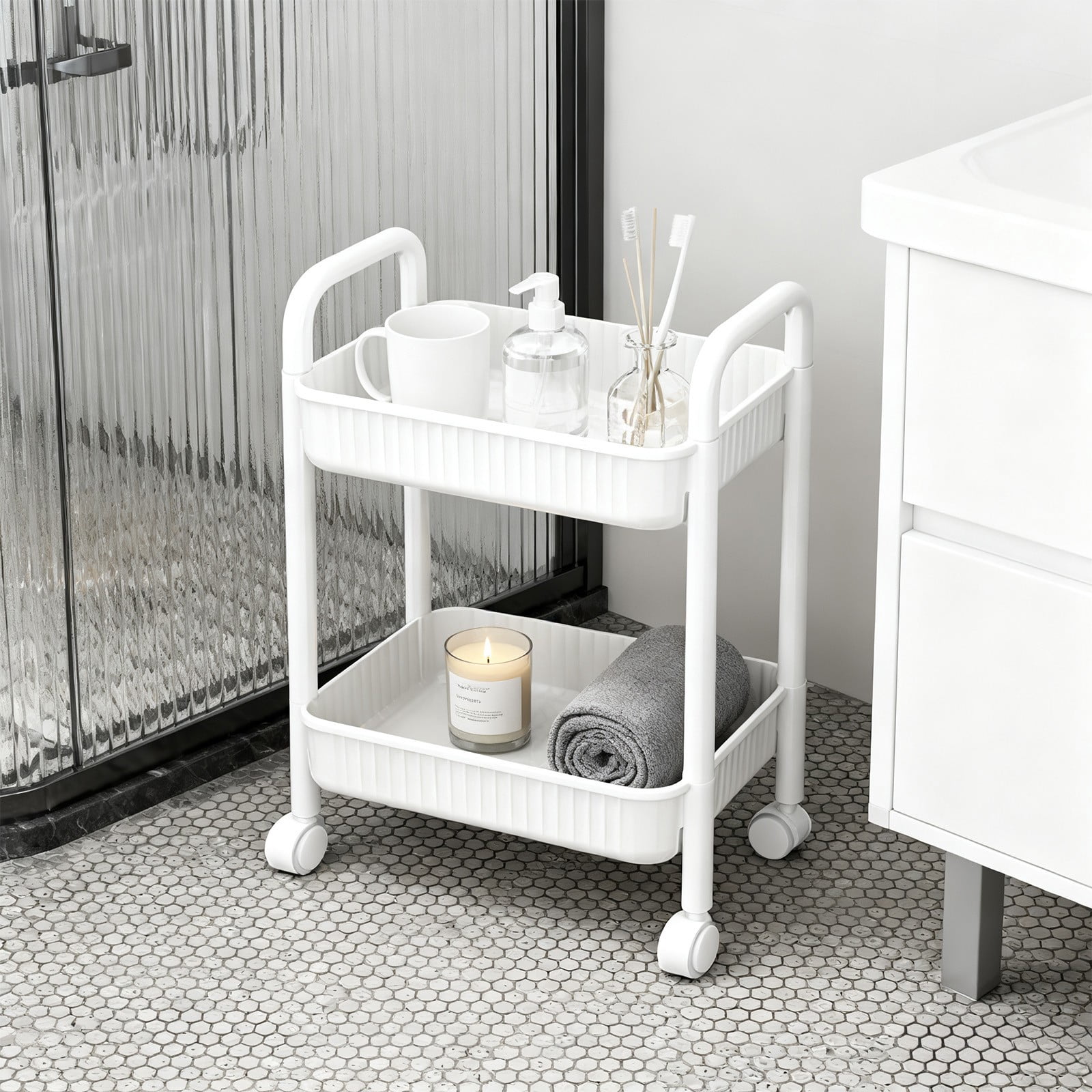 ROLKFUK 2-Tier Rolling Storage Cart White, Lockable Casters Mobile Storage Cart, Tool-Free Assembly Lightweight Plastic Cart for Kitchen Bathroom Dorm Office Pantry