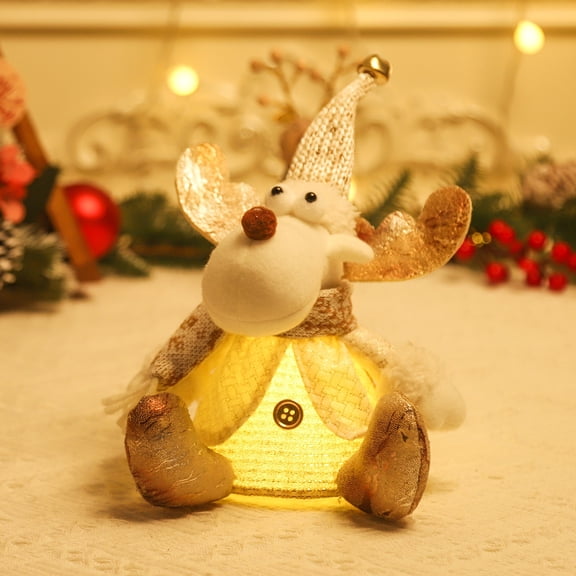 ROLKFUK 3-Piece Christmas Illuminated Figurine Set (Santa, Snowman, Reindeer) with LED Soft Warm Glow - Desktop Mantel Living Room Office Holiday Decor, Cream & Gold