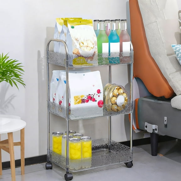 ROLKFUK 3-Tier Rolling Storage Cart, Plastic Transparent Organizer with Wheels for Kitchen/Bathroom